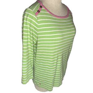 Lilly Pulitzer W sz L Green Striped w Pink Boatneck 3/4 Sleeve Cotton Top Shirt